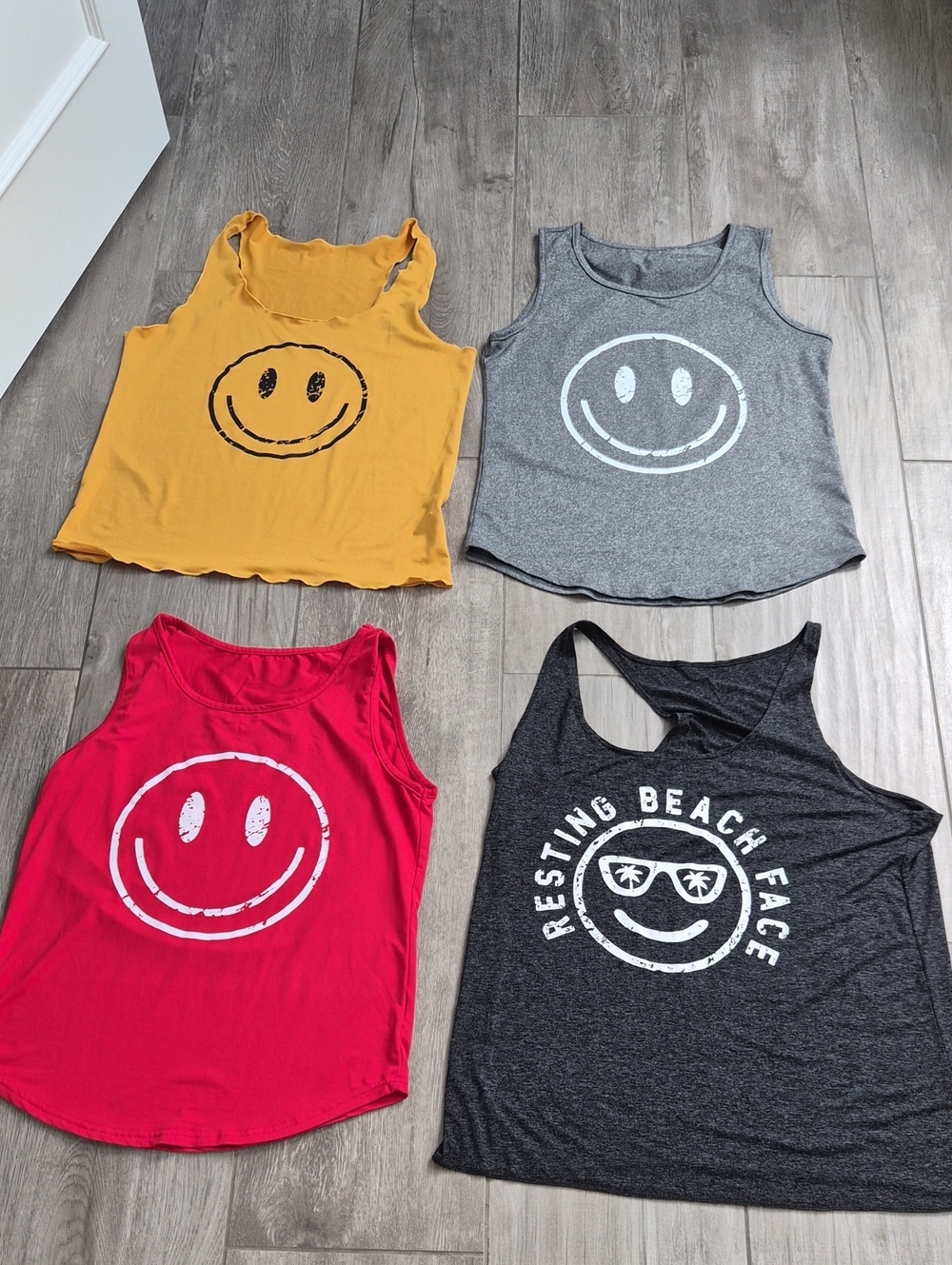 Smiley Graphic Tank Top Set Of 4- Yellow, Red, Gray, Dark Gray